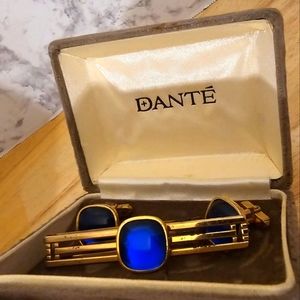 Vintage Dante Gold And Blue Stone Cuff Links And Tie Clip In Original Box Retro
